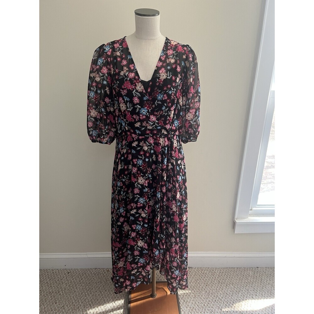 Calvin Klein Floral Puff Sleeve MIDI Dress SZ 12 Romantic Easter Church Modest - Picture 2 of 7